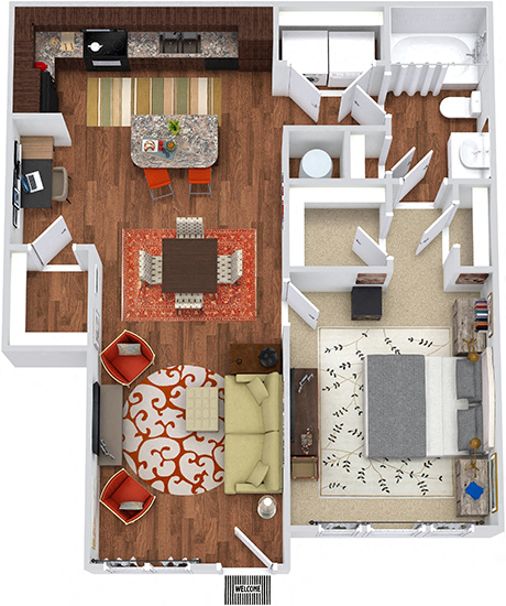 Floor plan for 1 bed, 1 bath, 772 sqft